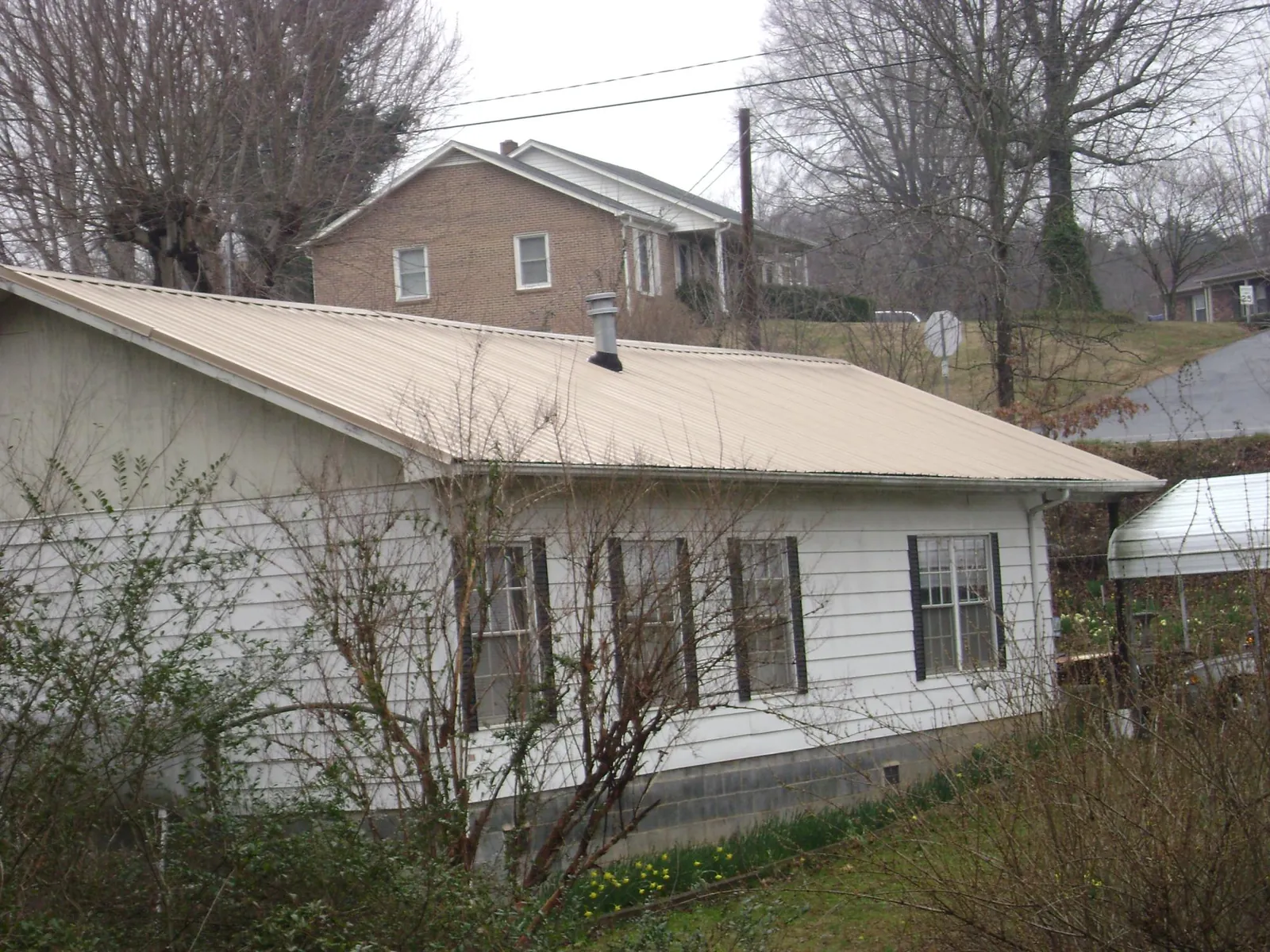 Tan metal roof on a white sided house set into a hillside in Rogersville